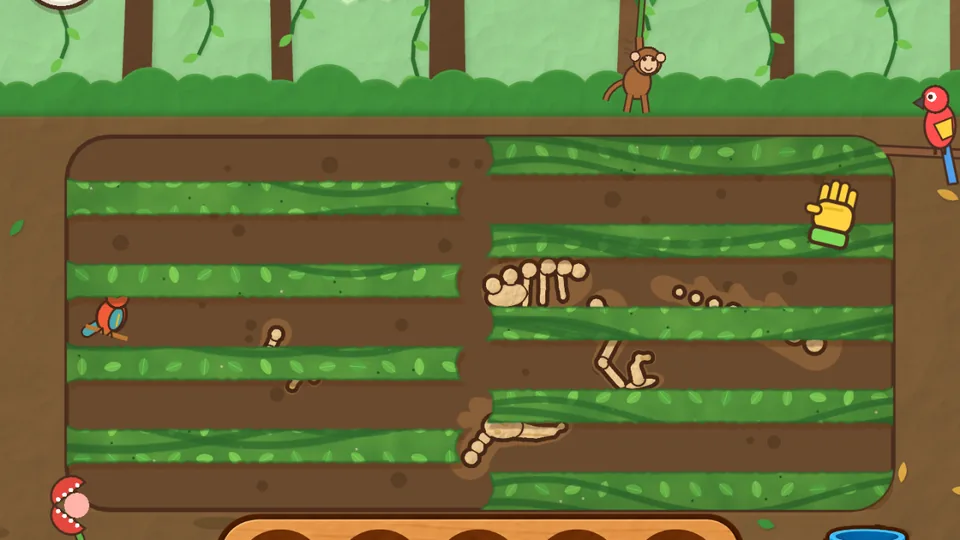 Brushing away jungle soil to find dinosaur bones