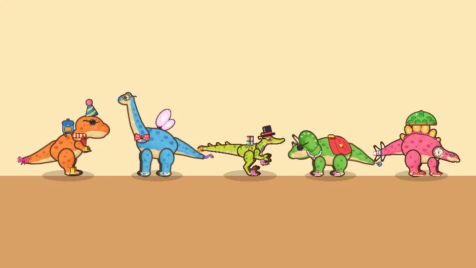 Five dinosaurs in party hats, wings, top hats and capes