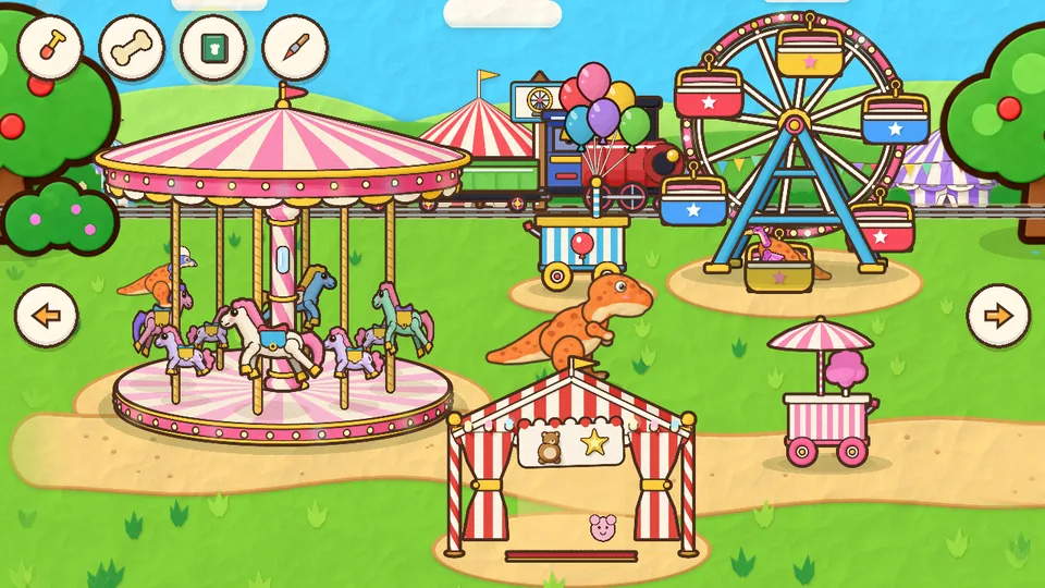 A T. rex at the fair, with a carousel and a Ferris wheel