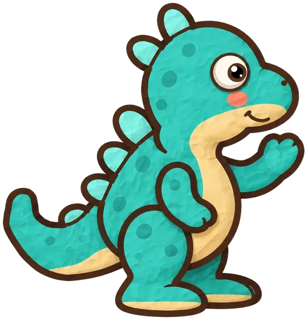 The Dinoroo, a small round teal dinosaur, waving