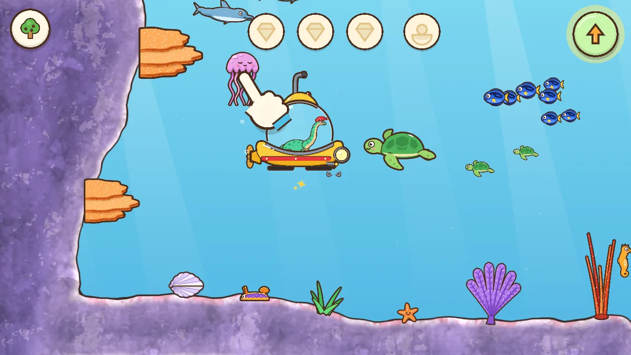 A little submarine on a coral reef with turtles