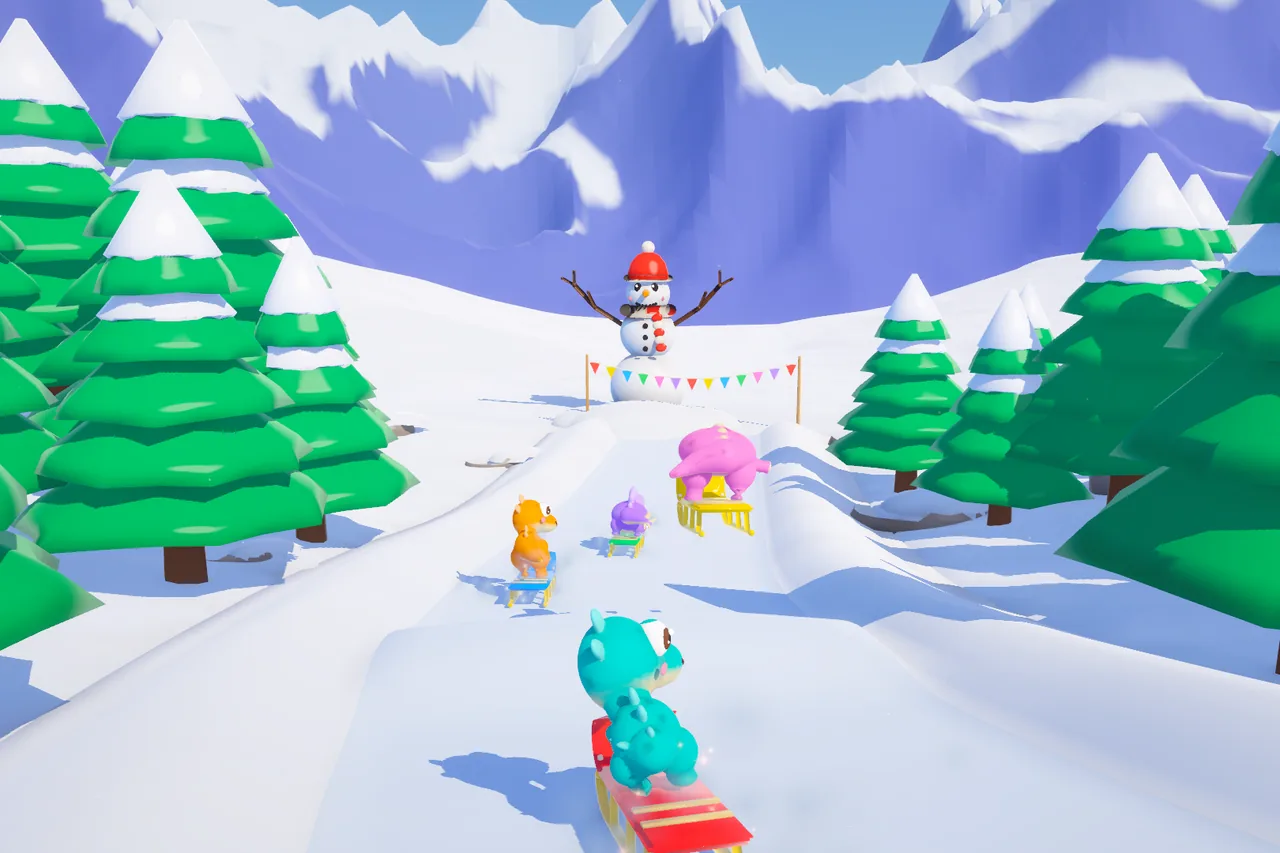 Four Dinoroos racing down a snowy hill on sledges towards a snowman