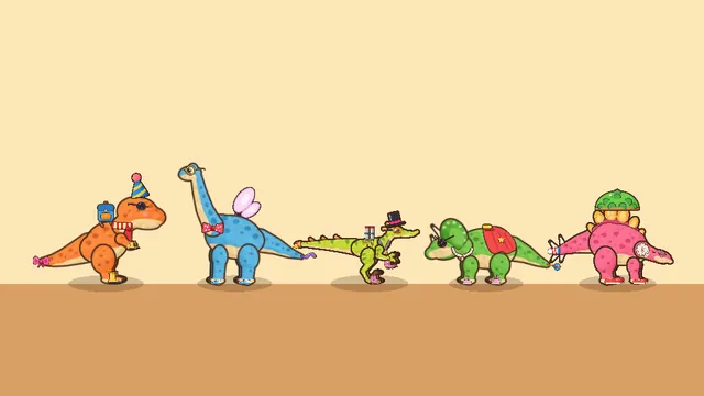 Five dinosaurs dressed up in hats, wings and capes