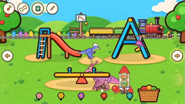 The playground with a slide, a seesaw and a rocket